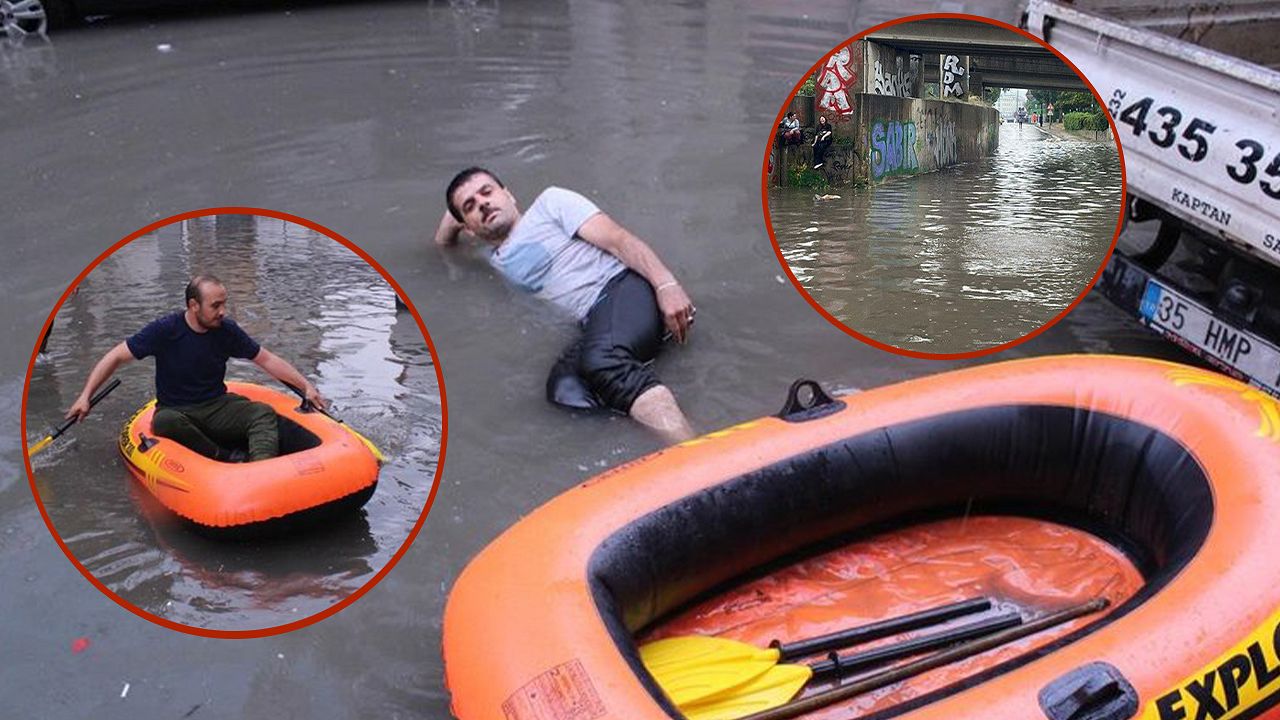 İzmir’i yine sel aldı: Vatandaş sokaktan botla geçti!