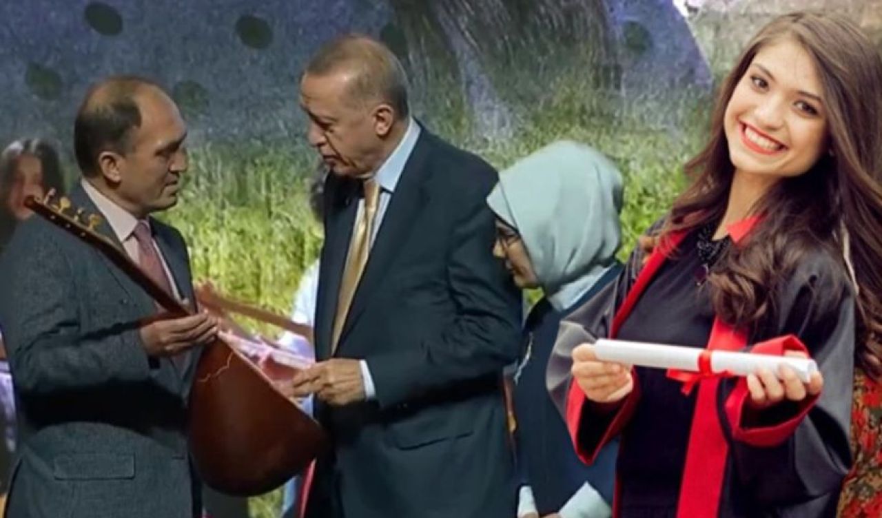 Cumhurbaşkanı Erdoğan'a Aybüke öğretmenin bağlaması hediye edildi! Gözyaşlarına hakim olamadı