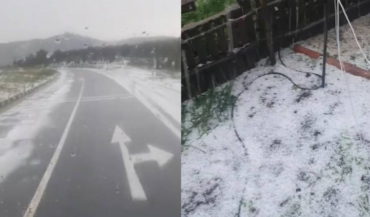 Dolu yağışından sonra yollar beyaza büründü