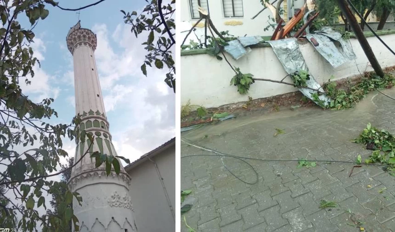 Çanakkale'de fırtına ve yıldırımın vurduğu köy camisinin minaresi yıkıldı