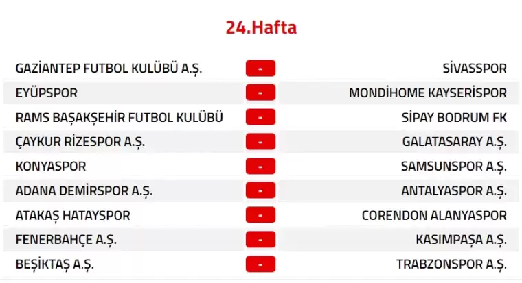 Trendyol Süper Lig 2024-2025 Sezonu Fikstürü 24