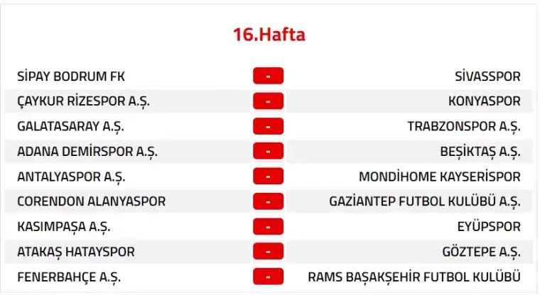 Trendyol Süper Lig 2024-2025 Sezonu Fikstürü 16