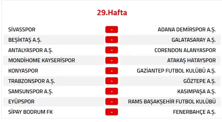 Trendyol Süper Lig 2024-2025 Sezonu Fikstürü 29