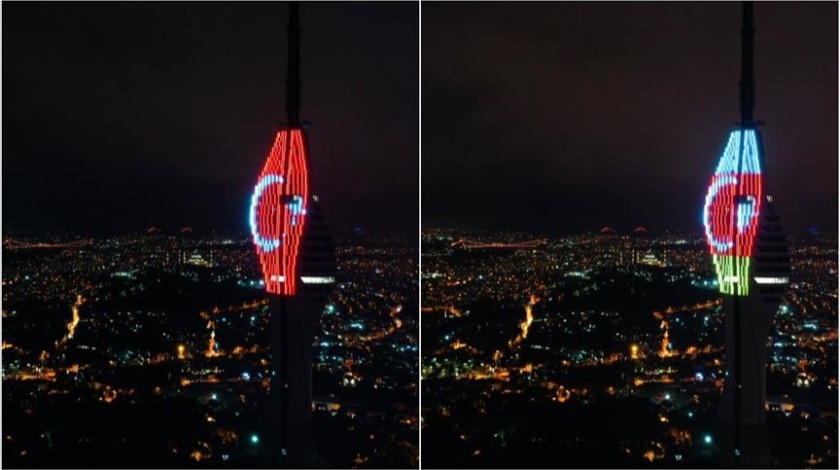 Çamlıca Kulesi'ne Türkiye ve Azerbaycan bayrakları yansıtıldı