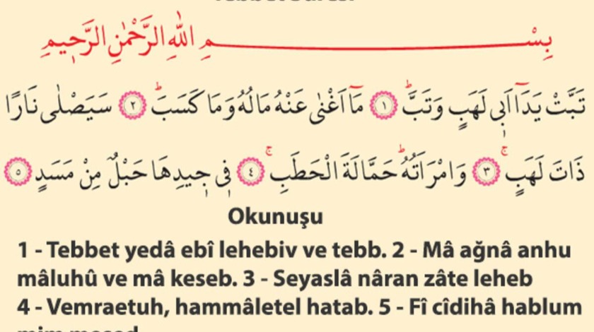 Tebbet süresinin anlamı ne? Tebbet süresinin meali ve Elmalılı Hamdi Yazır tefsiri nasıl? (Diyanet)