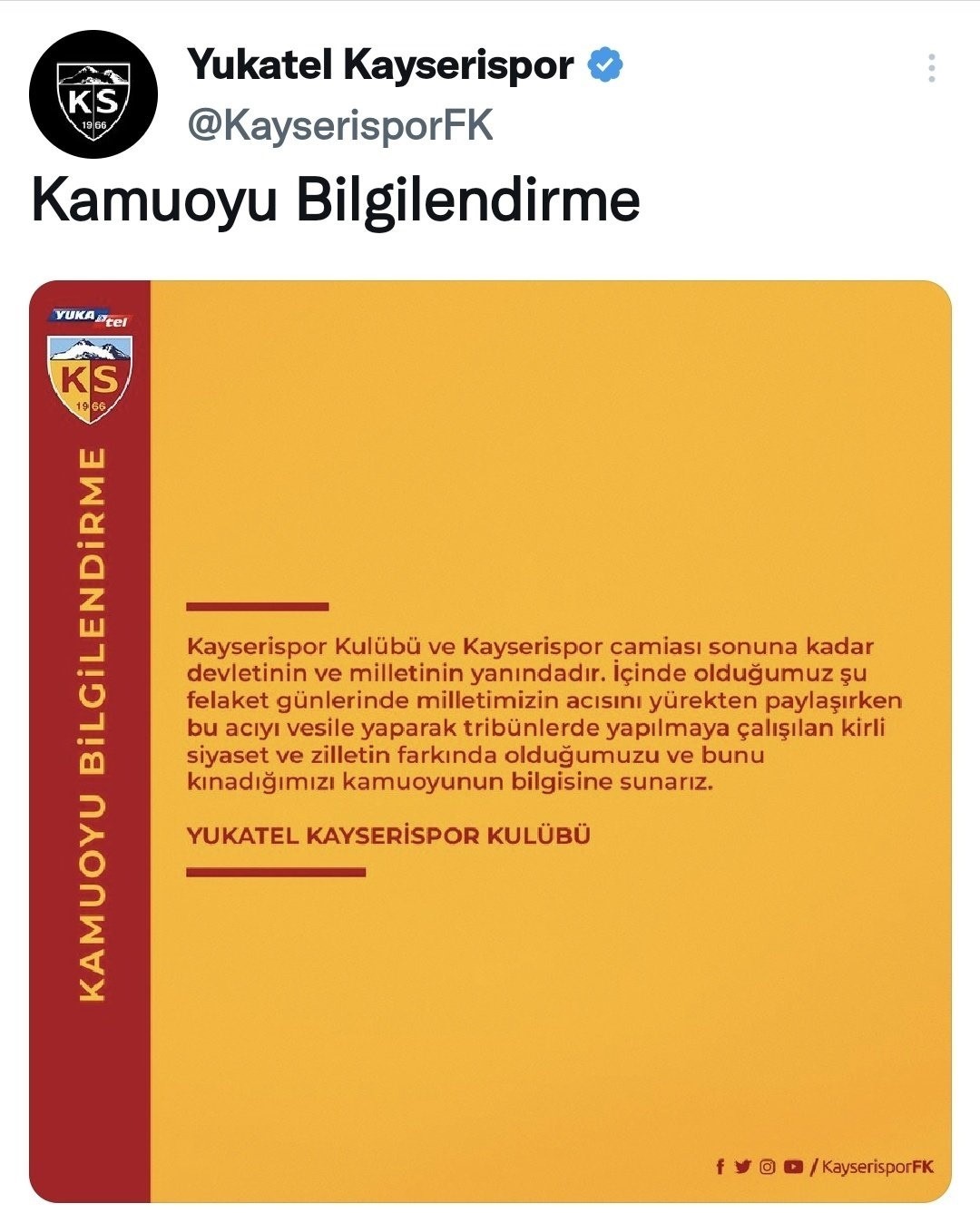 Kayserispor’dan Açıklama: "Kayserispor camiası sonuna kadar devletinin ve milletinin yanındadır"