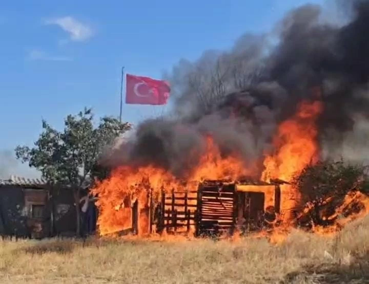 Edirne'de hasat edilmiş buğday tarlası ve ağıl alevlere teslim oldu