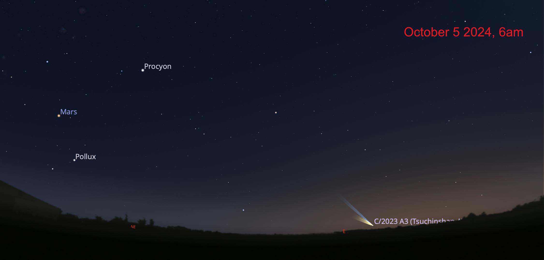 Christchurch enleminden sabah görünürlüğü. Kuyruklu yıldız 6 Ekim'den sonra ufkun altına inmeye başlayacak. Kaynak: Stellarium