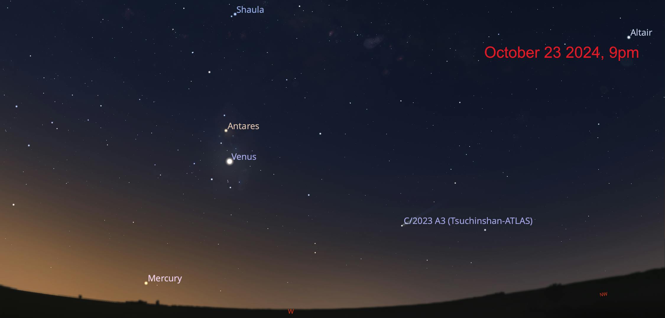 Christchurch enleminden akşam görünürlüğü. Ekim ayının sonlarına doğru kuyruklu yıldız sönükleşecek. Kaynak: Stellarium