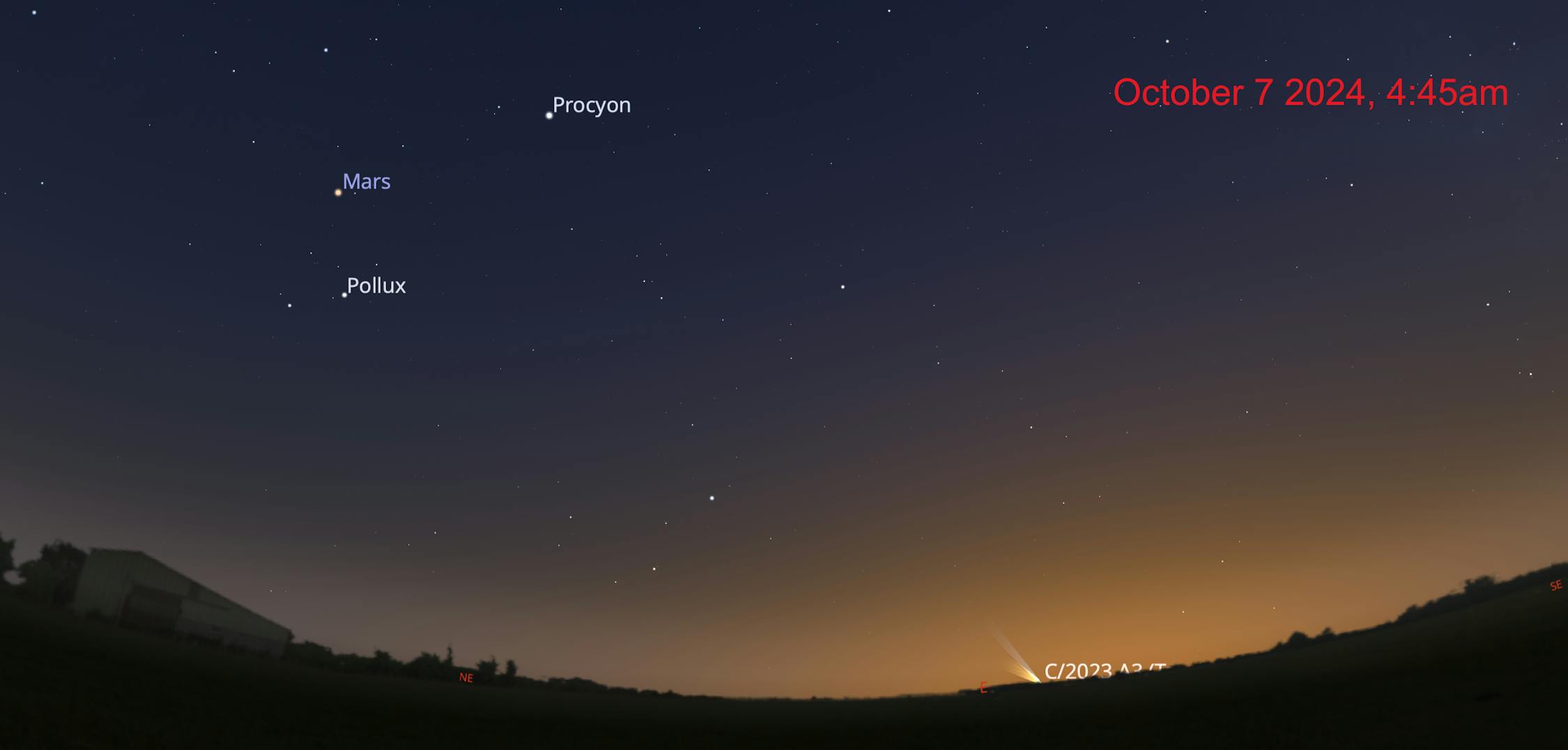 Brisbane enleminden sabah görünürlüğü. Kuyruklu yıldız 6 Ekim'den sonra ufkun altına inmeye başlayacak. Kaynak: Stellarium