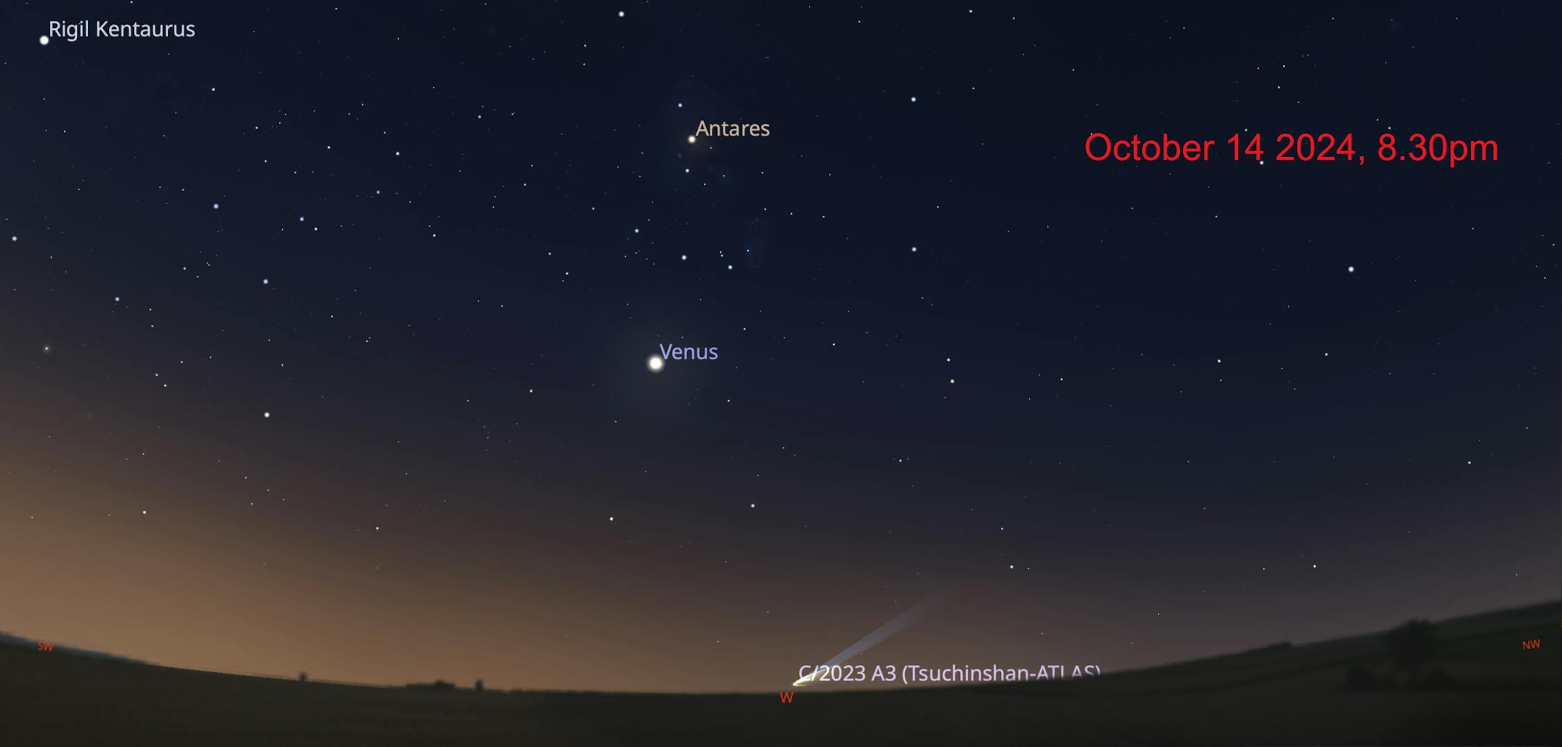 Melbourne enleminden akşam görünürlüğü. Ekim ayının sonlarına doğru kuyruklu yıldız sönükleşecek. Kaynak: Stellarium